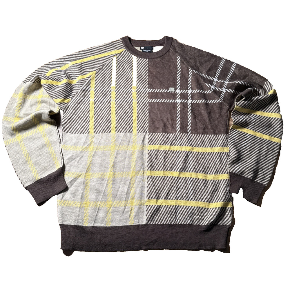 Vintage DC Shoes Adult LG Brown Yellow Plaid Wool Blend Sweater Streetwear Y2K